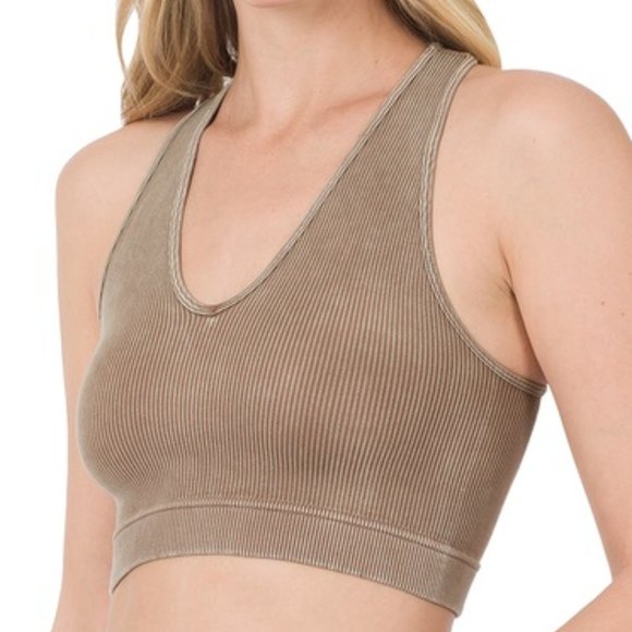 Mocha Stone Washed Cropped Ribbed Racerback Tank - Picture 1 of 7